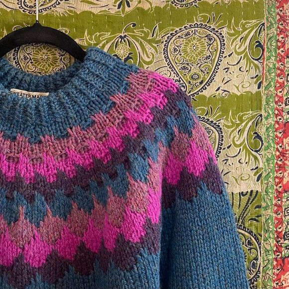 Vintage Danspin Sweater Market Wool Blue Fair Isle Pullover Sweater Size Medium - Picture 3 of 13